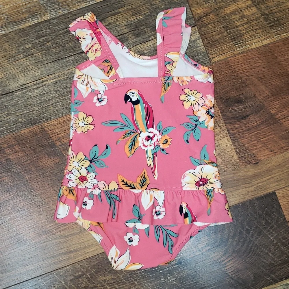Oshkosh B'Gosh Pink Tropical Floral Parrot Print Ruffled Swimsuit, Size 9 Months